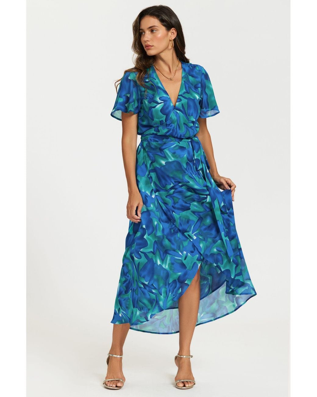 FS Collection Blue Abstract Floral Print Wrap Maxi Dress