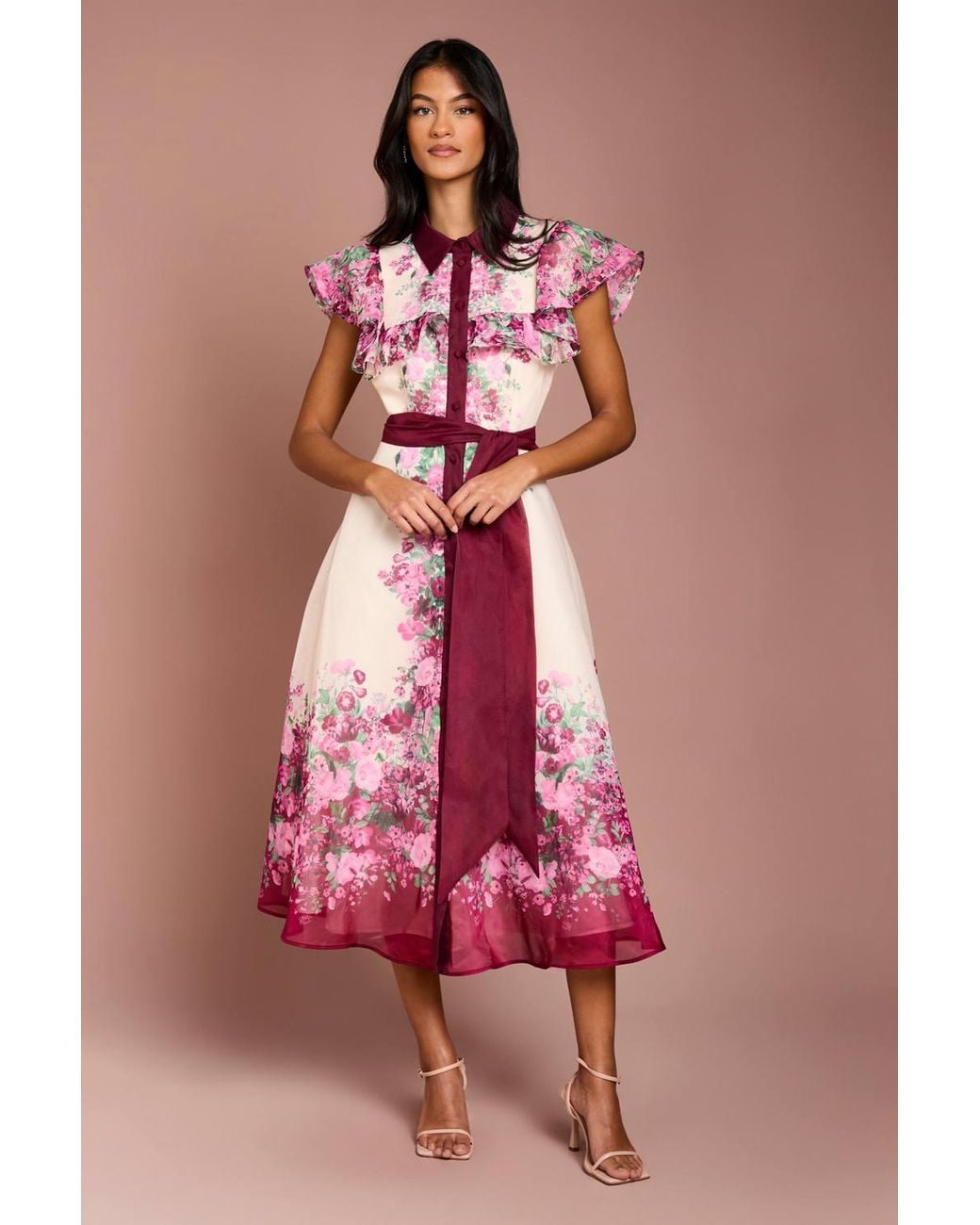 Coast Pink Petite Placement Print Frill Midi Dress