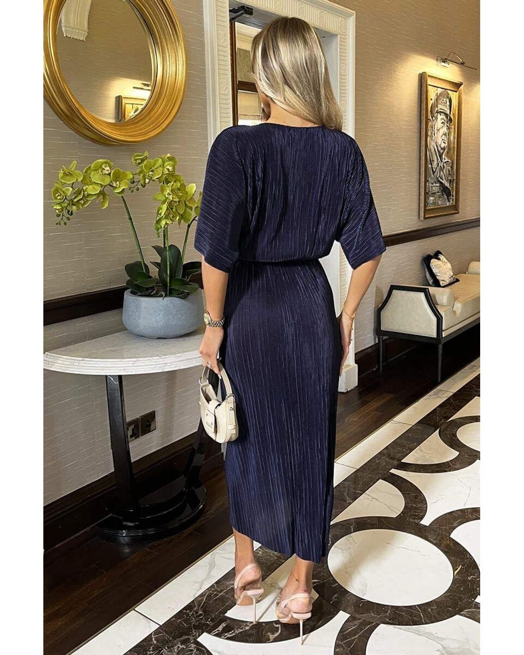 AX Paris Blue Short Sleeve Tie Waist Plisse Midi Dress