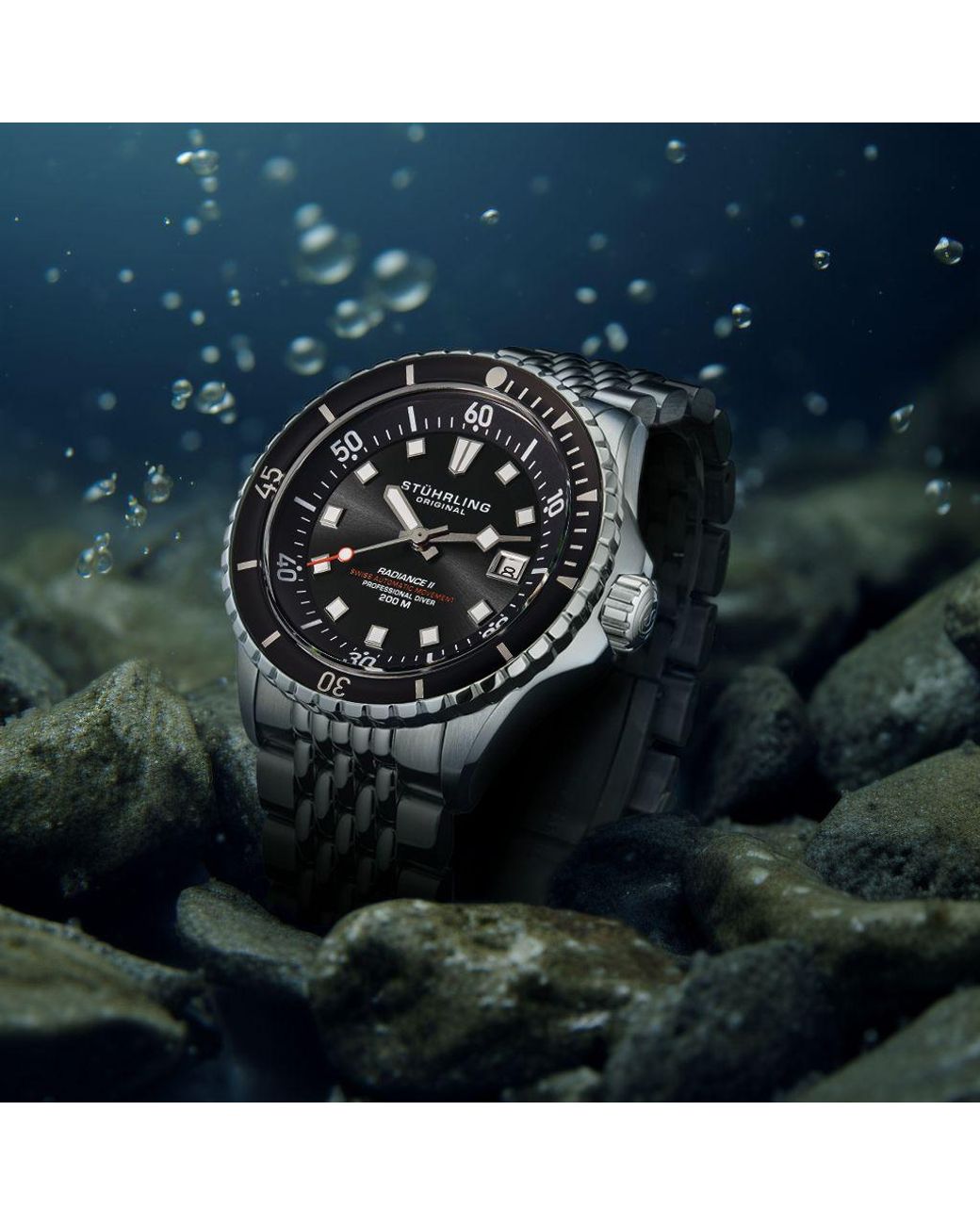 Stuhrling Metallic Swiss Automatic Depthmaster Radiance Diver Watch Stainless Steel Case W/ Rotating Unidirectional Bezel & Stainless Steel for men