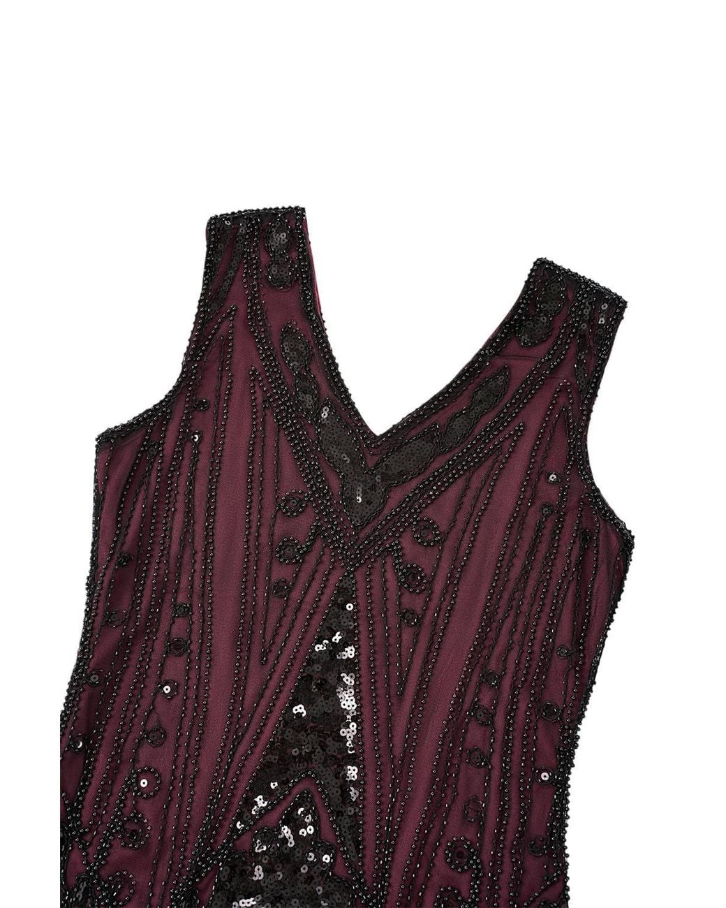 MODISHION Purple 1920S Art Deco V-Neck Flapper Dress With Double-Tier Fringe