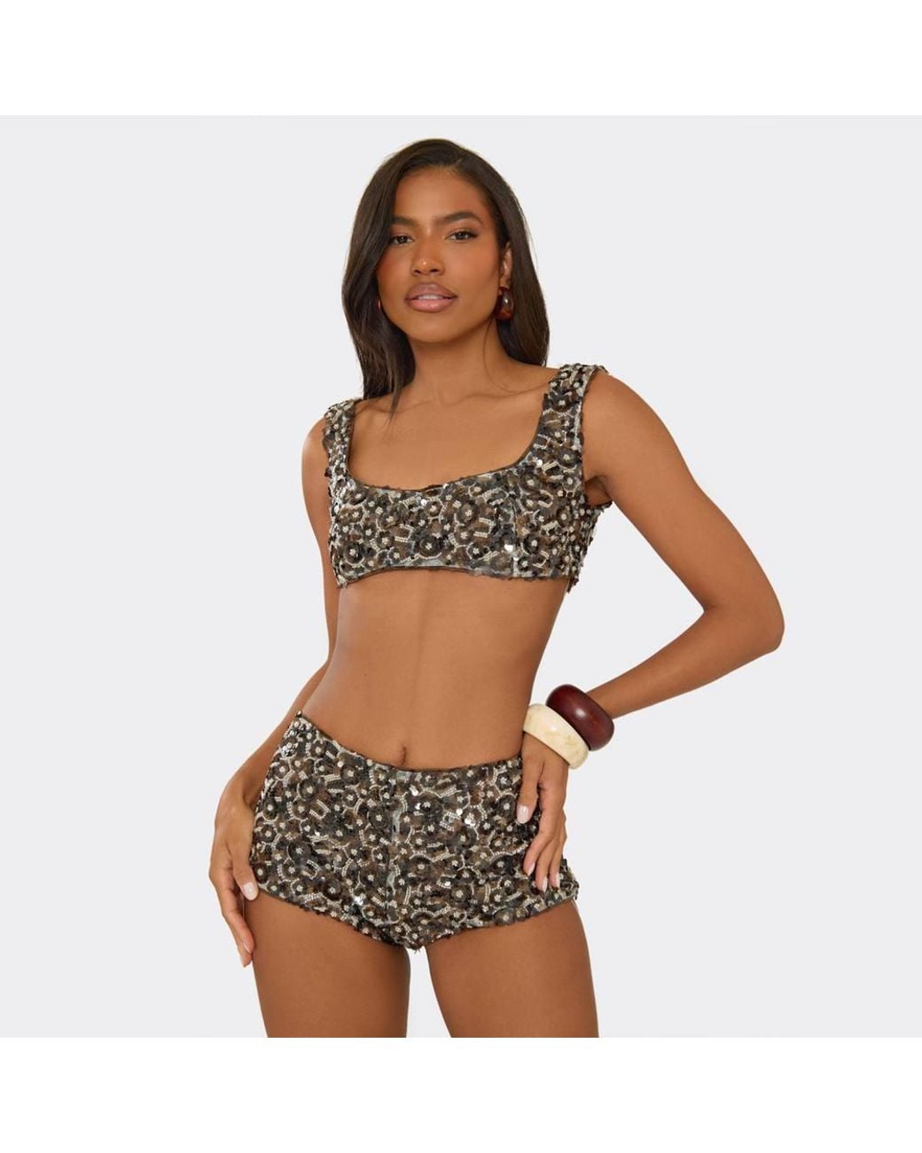 EGO Black Sleeveless Square Neck Sequin Floral Bralet