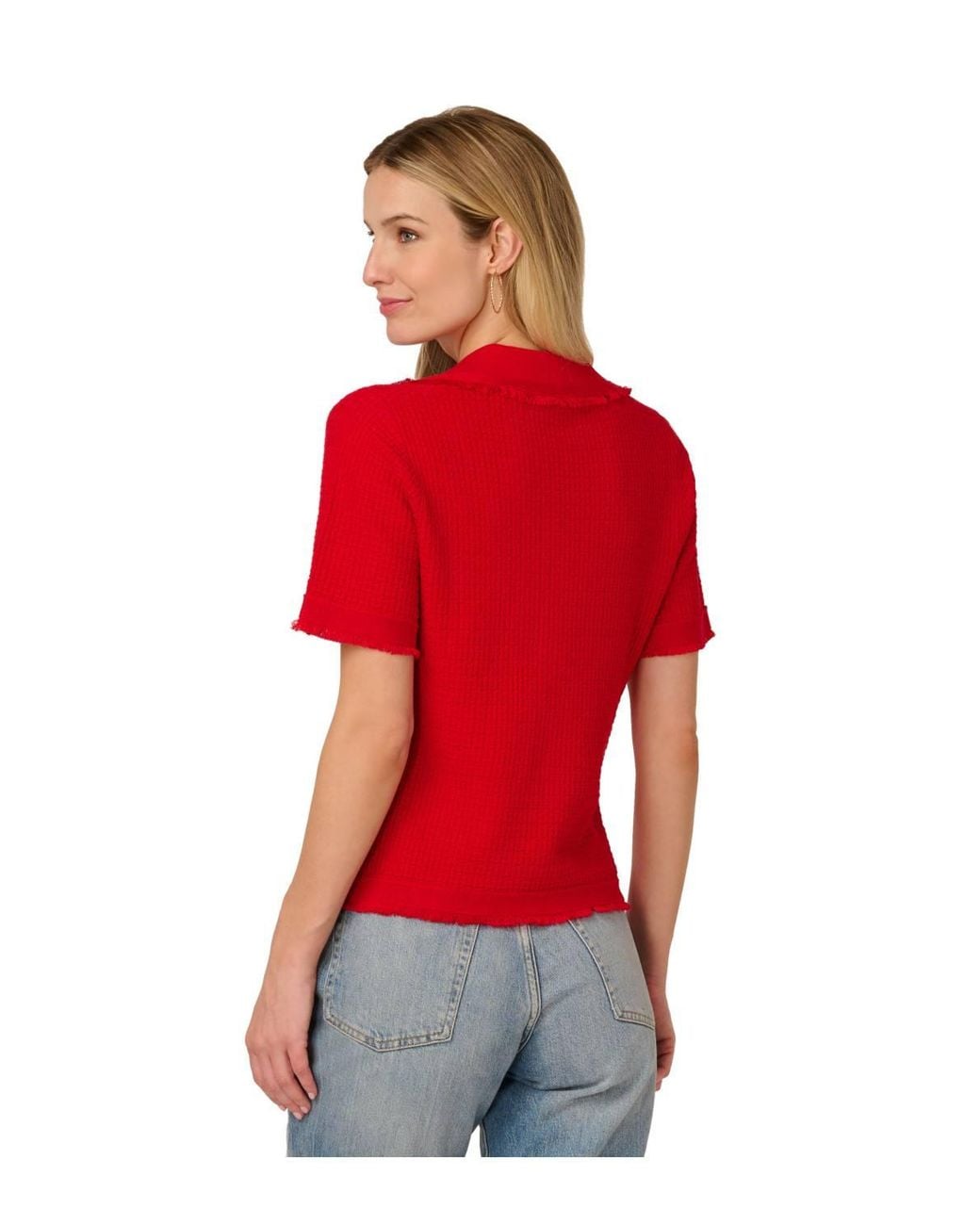 Adrianna Papell Red Short Sleeve Button Front Polo Fray Edge Sweater