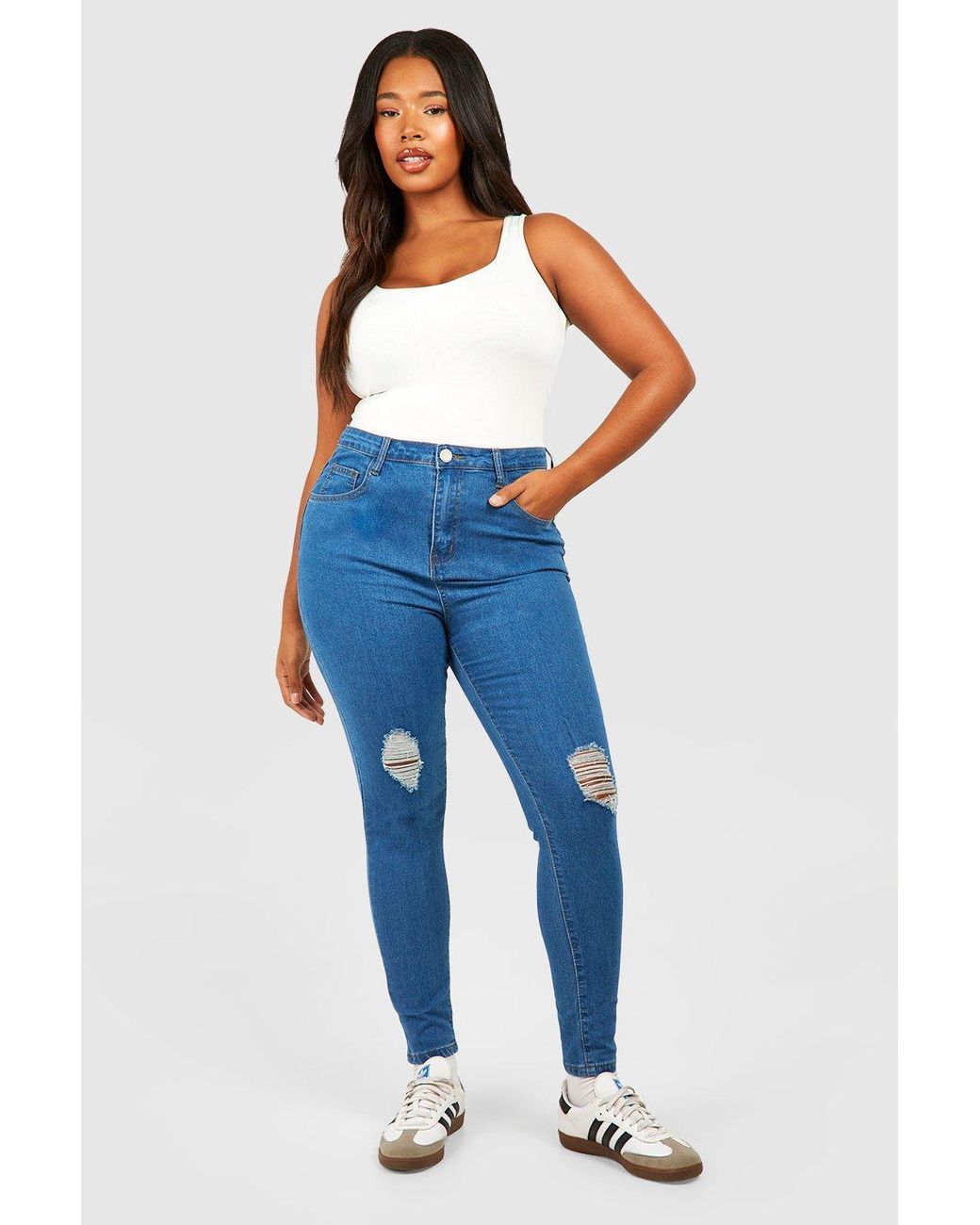 Boohoo Plus High Waisted Distressed Skinny Jeans in Blue Lyst UK