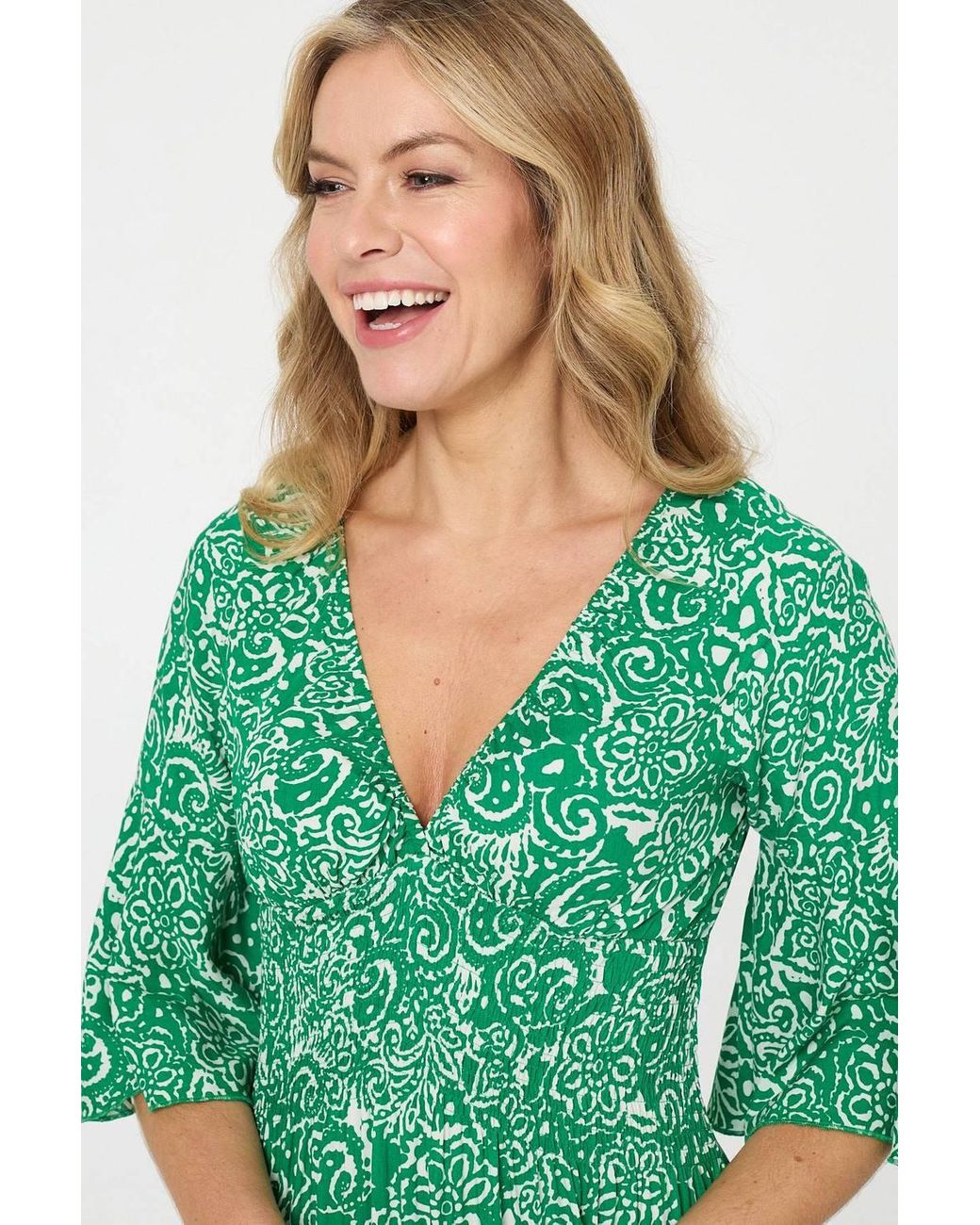 Izabel London Green Printed 3/4 Sleeve Layered Midi Dress