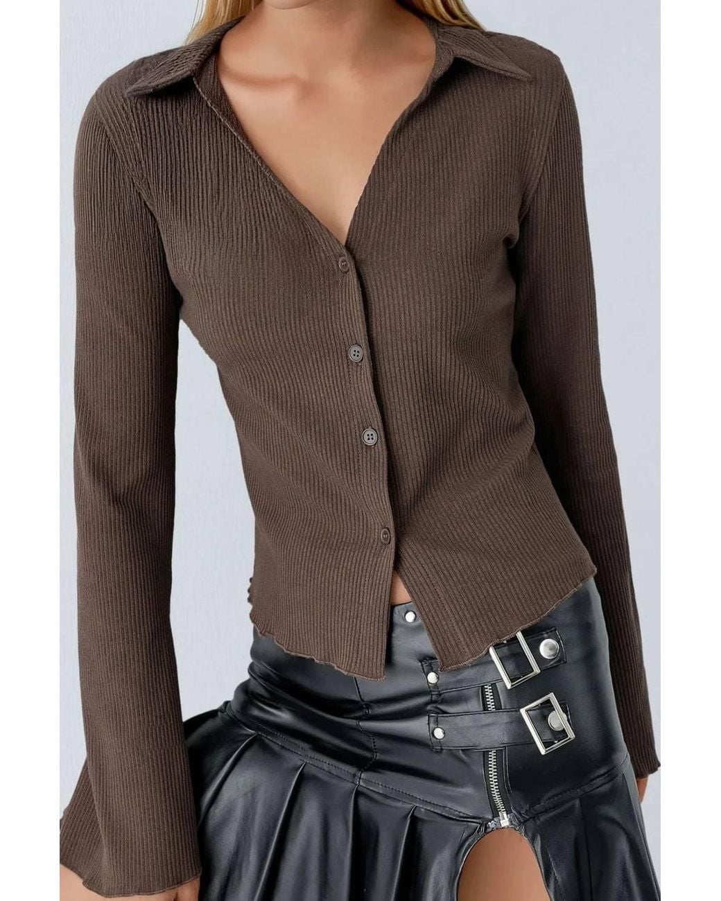 Hiccup Black Long Sleeve Textured Blouse With Button Closure
