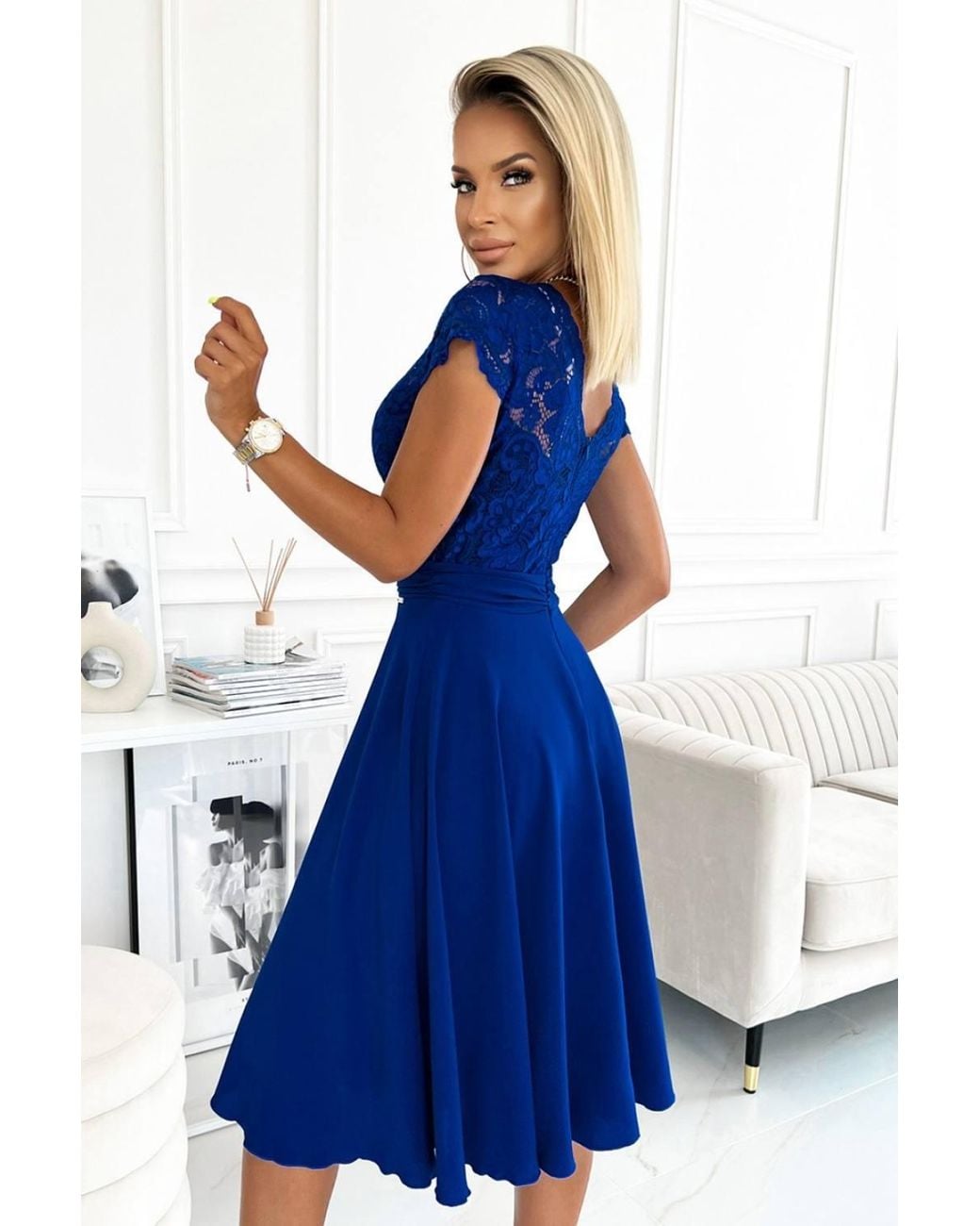 Love Lace Blue Lace Short Sleeve Dress With Cut-Outs