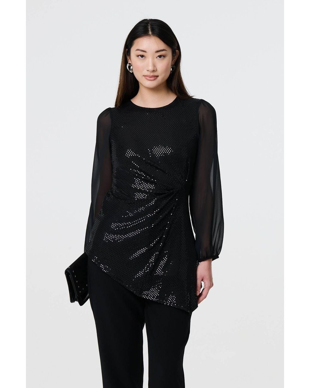 Izabel London Black Semi Sheer Sparkly Long Sleeve Blouse