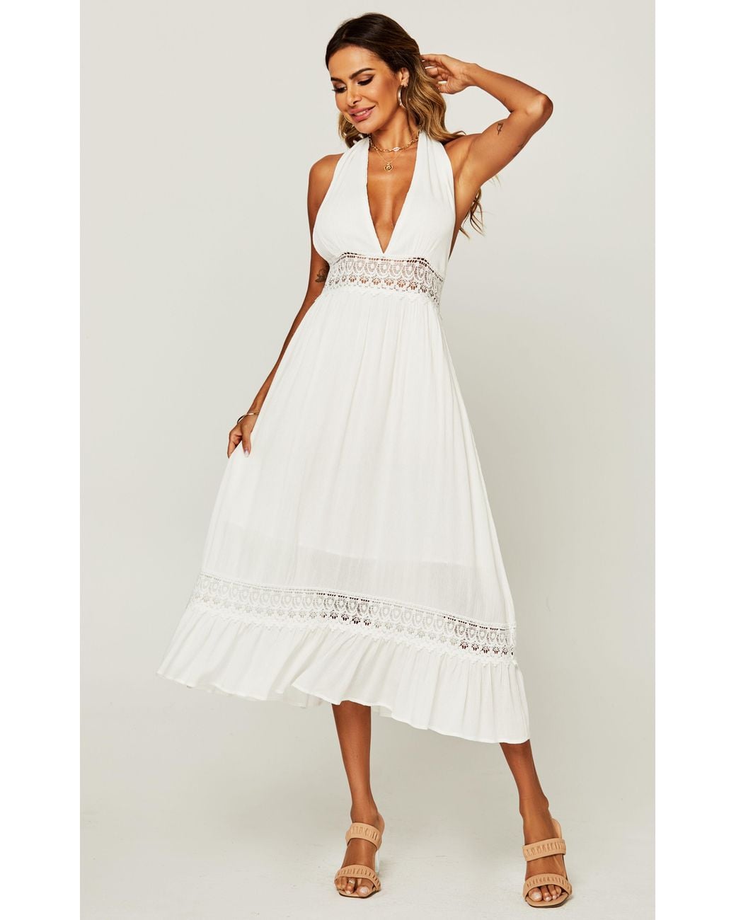 FS Collection Natural Lace Detail Adjustable Deep V Neckline Maxi Dress