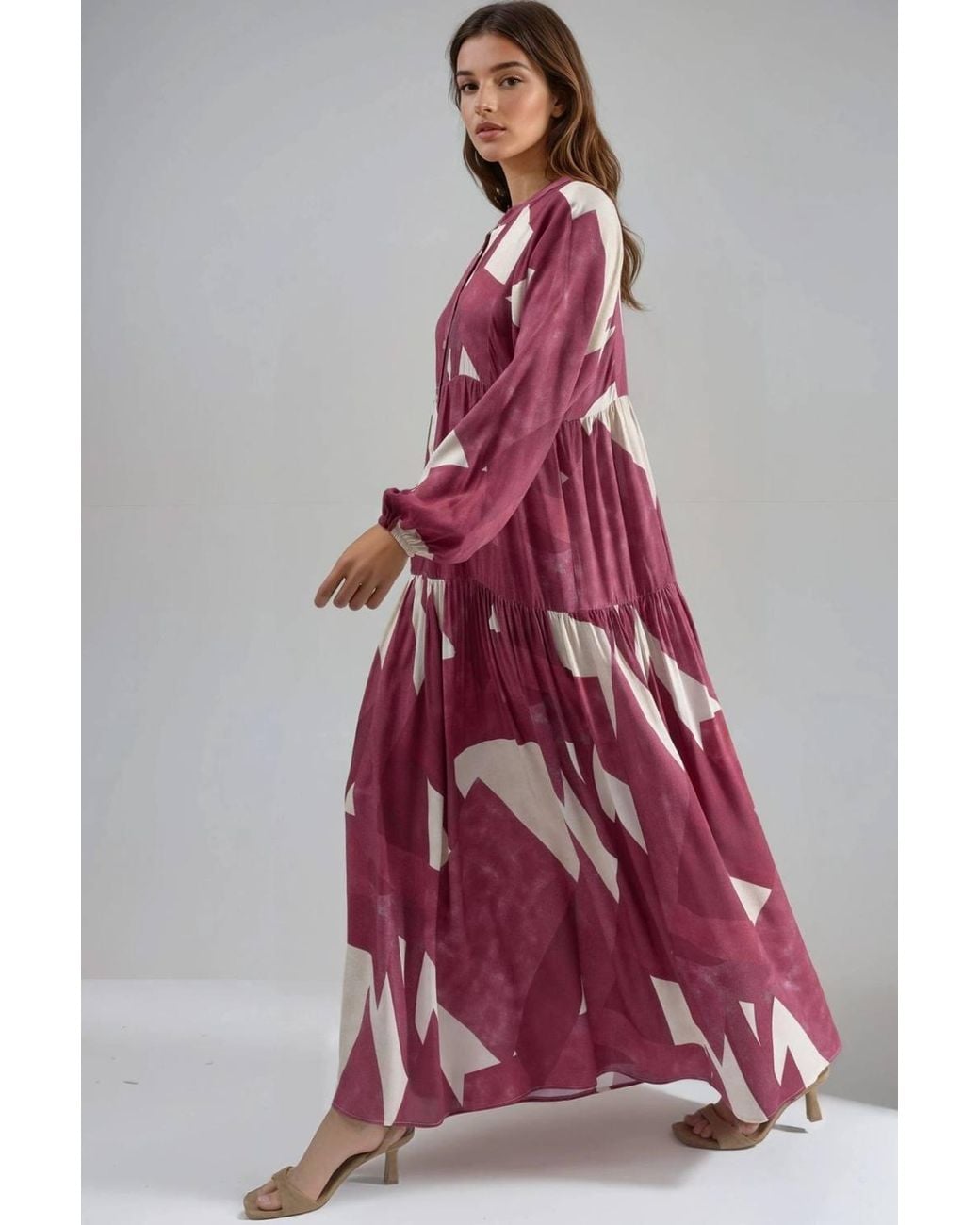 Hiccup Red Printed Long Sleeve Viscose Maxi Dress