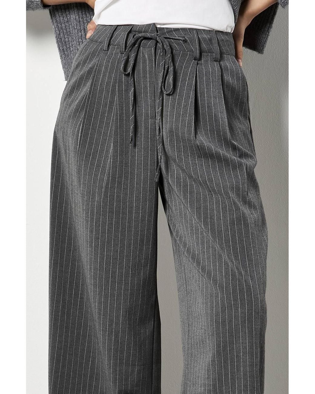 Apricot Gray Pinstripe Wide Leg Tailored Trousers
