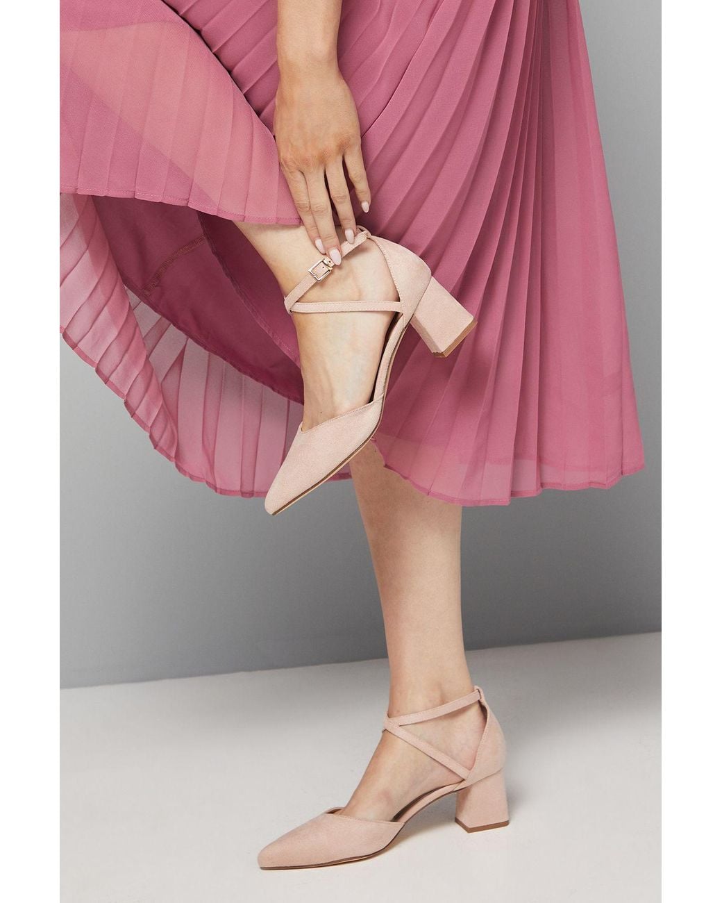 Good for the Sole Pink Wide Fit Millie Comfort Faux Suede Cross Strap Medium Heel Court Shoes