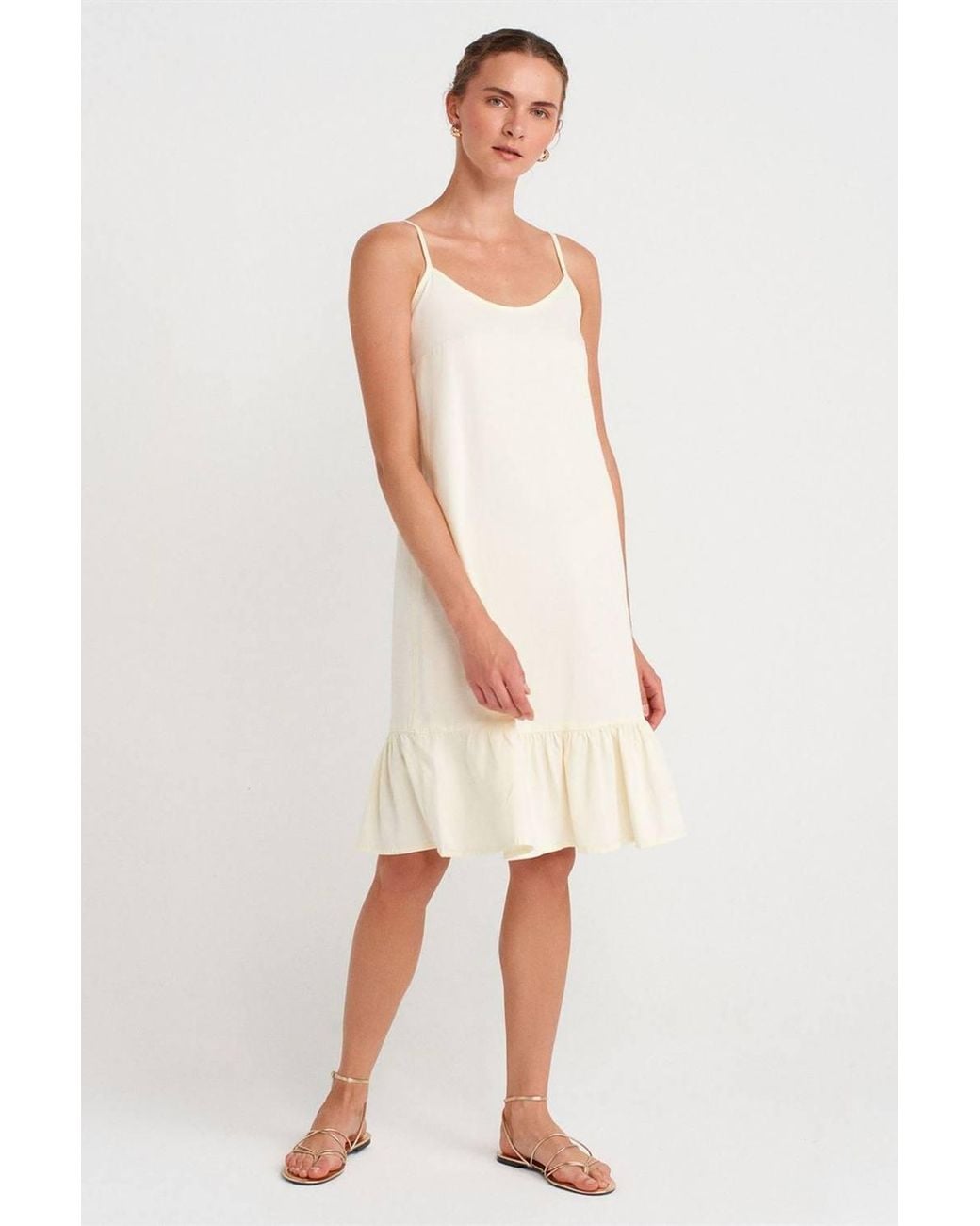 Dilvin White Sleeveless Midi Slip Dress With Frill Detail