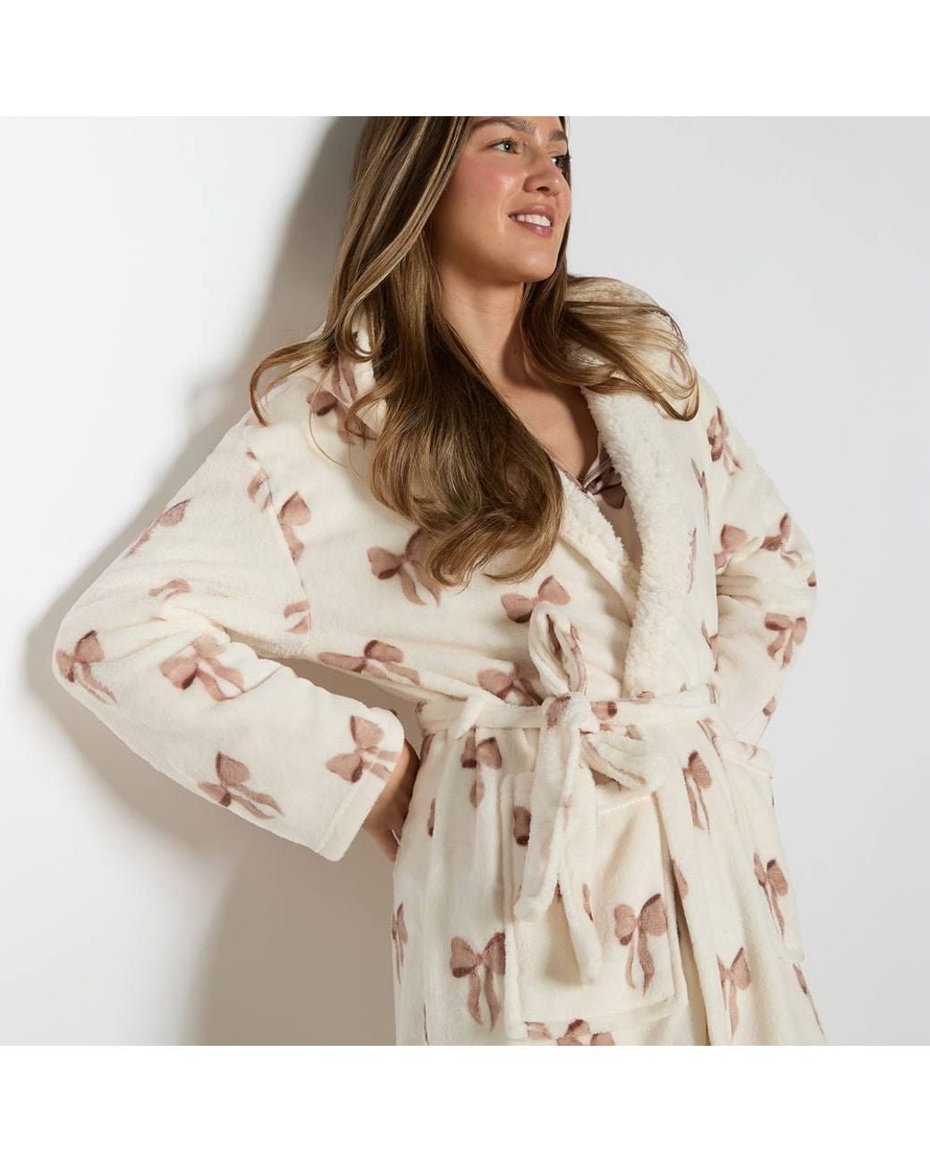 OHS Natural Bows Dressing Gown Flannel Fleece Loungewear Hooded Bathrobe