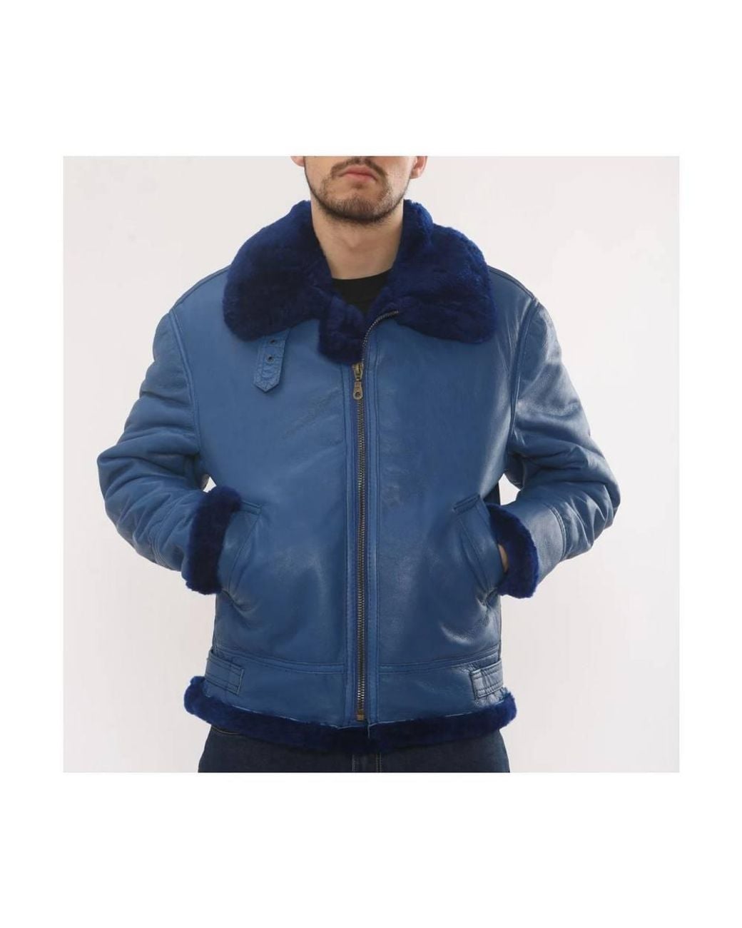 TruClothing Blue Shearling Leather Jacket Sheepskin B3 Aviator Warm Coat for men