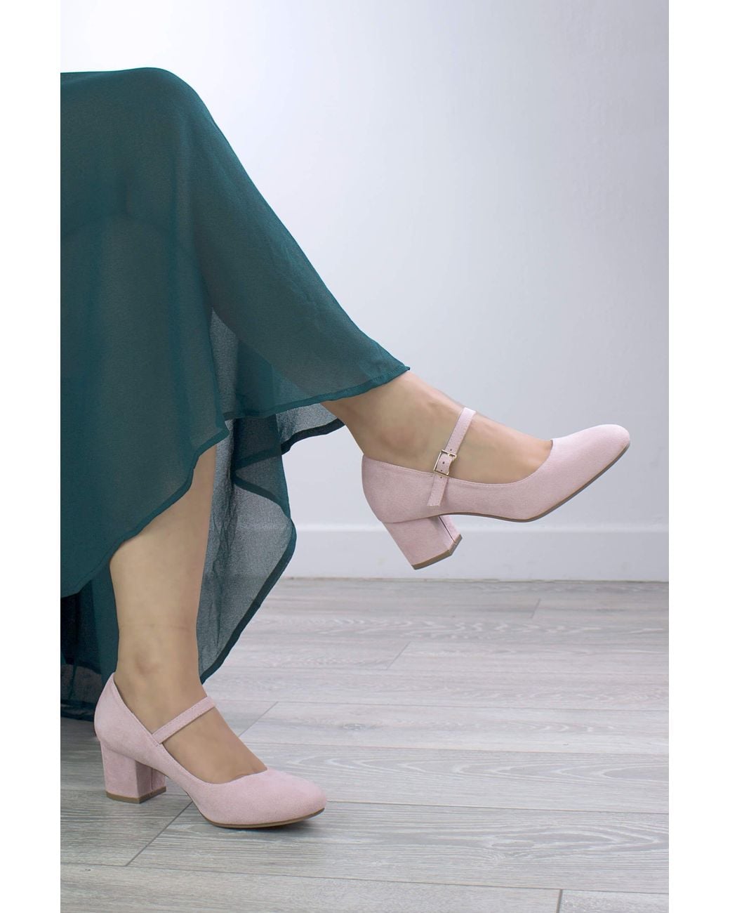 AJVANI Blue Mid Block Heel Mary Jane Comfort Court Shoes