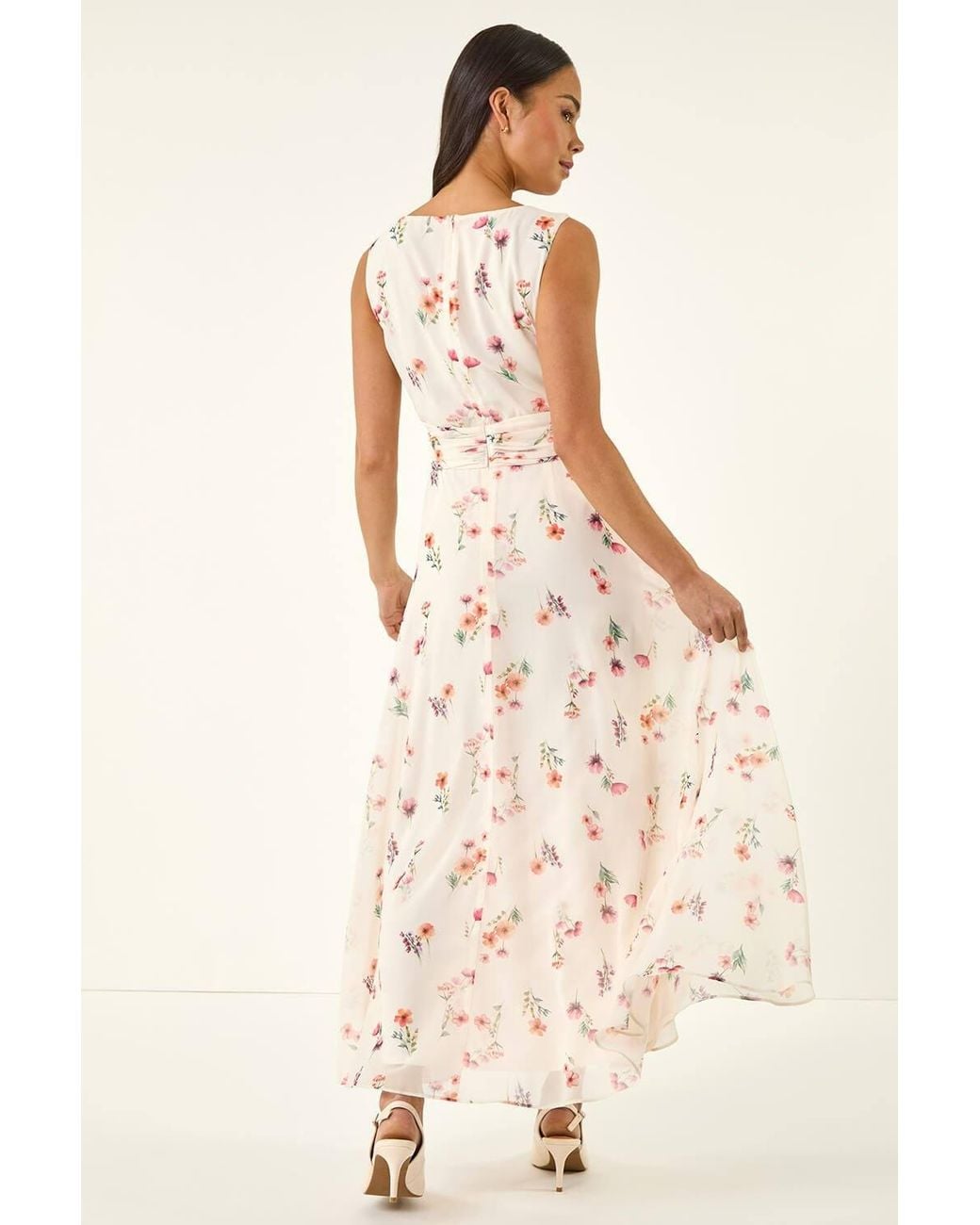 Roman White Petite Floral Ruched Waist Maxi Dress