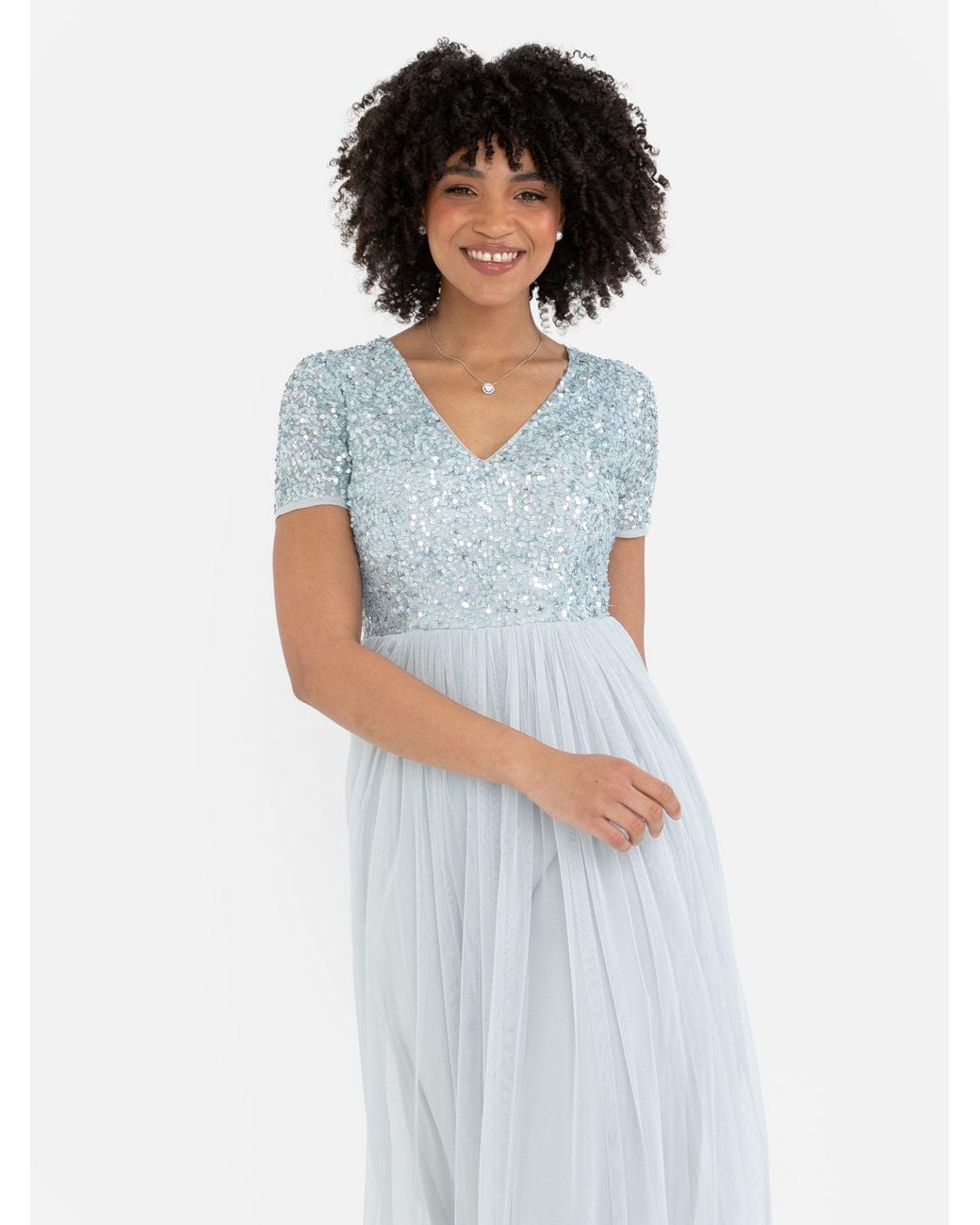 Maya Deluxe White Short Sleeve V Neck Embellished Maxi Dress
