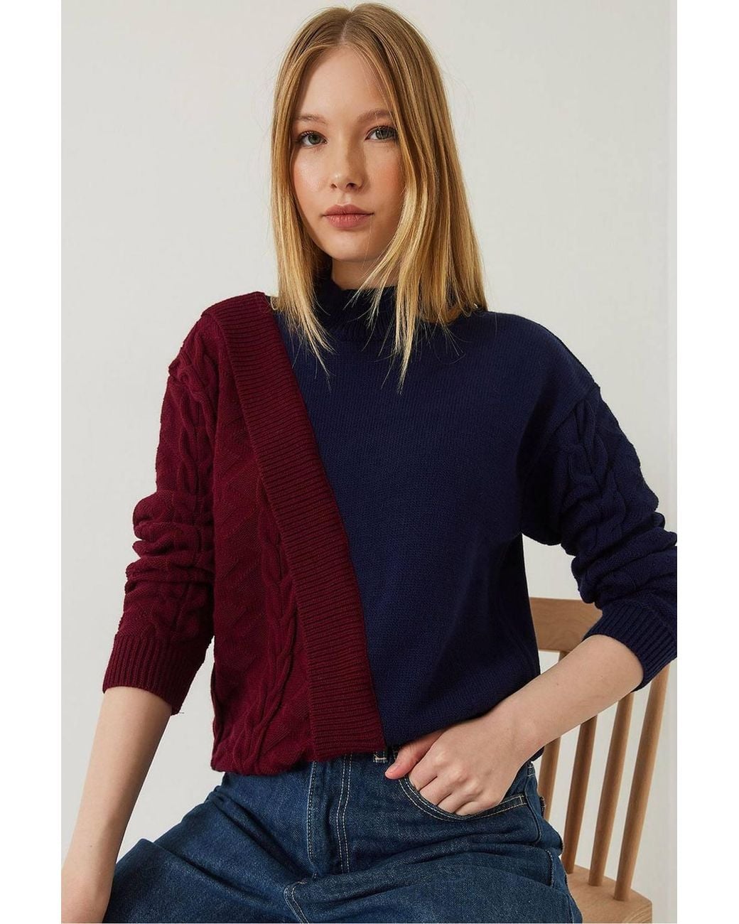 Bianco Lucci Blue Patterned Half Turtleneck Ribbed Sweater