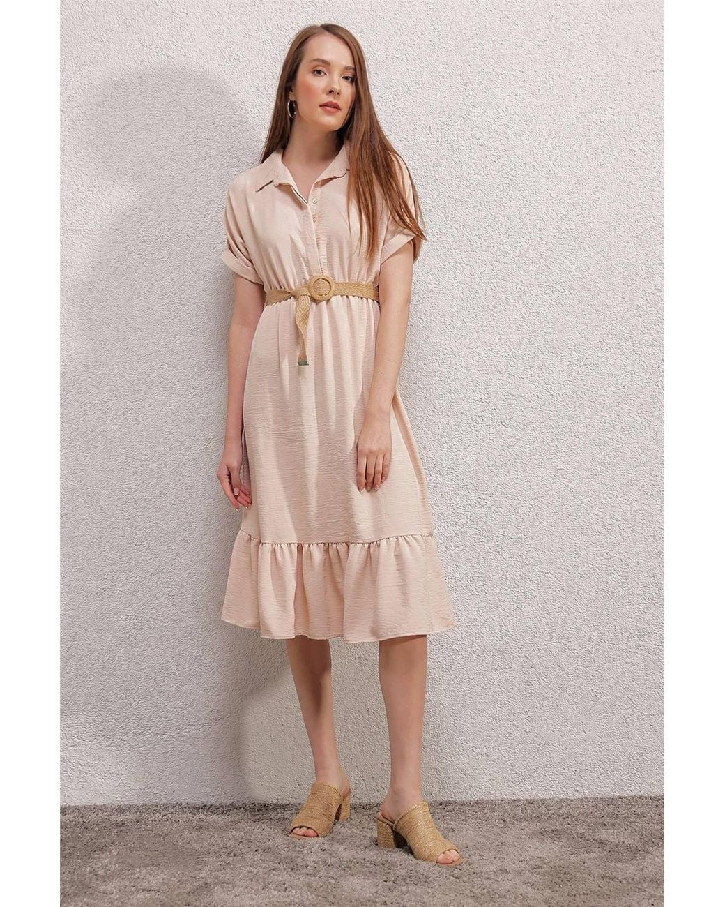 Bigdart Natural Textured Belted Midi Dress With Shirt Collar