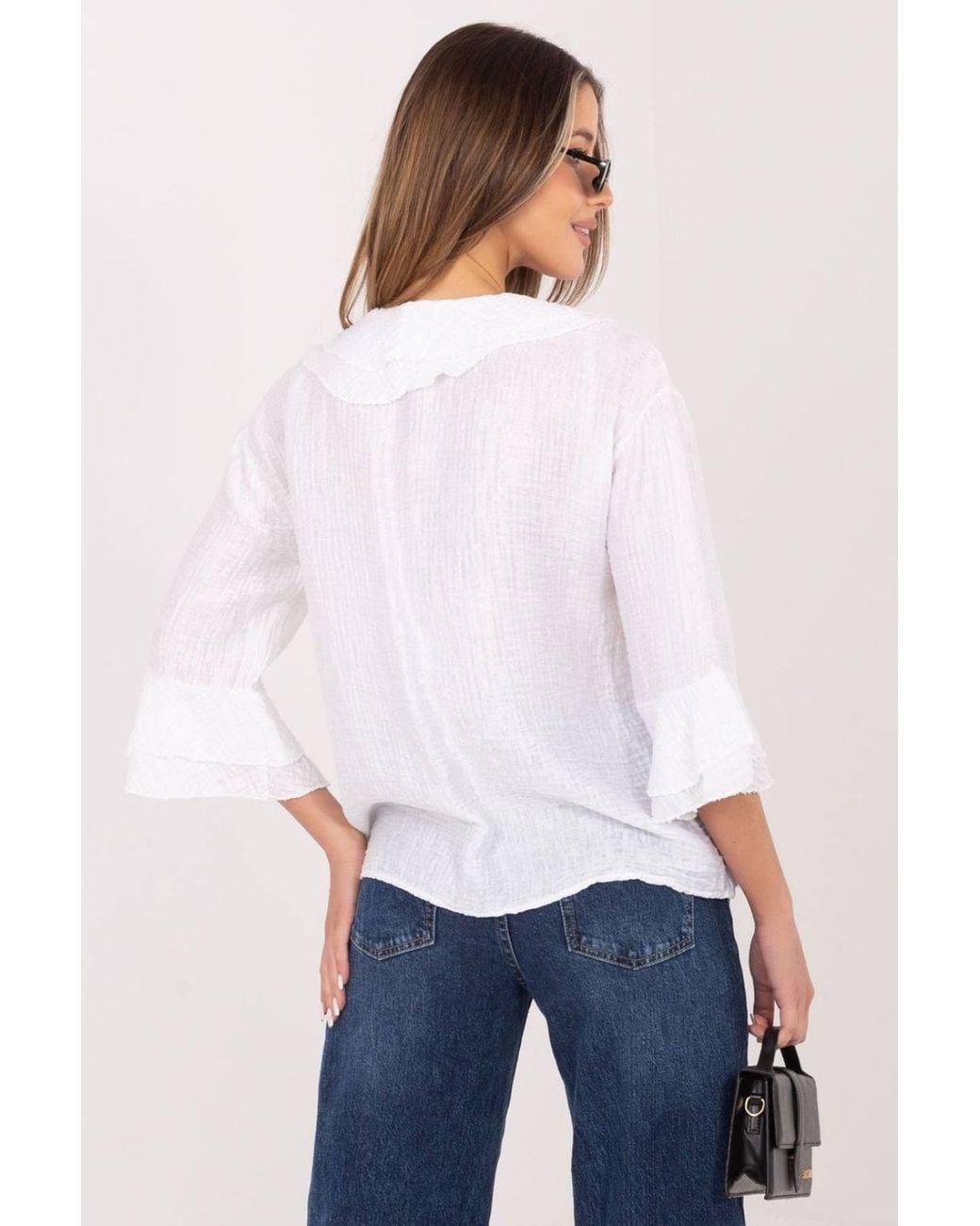 Love Lace White Viscose V-Neck Long Sleeve Shirt With Ruffles
