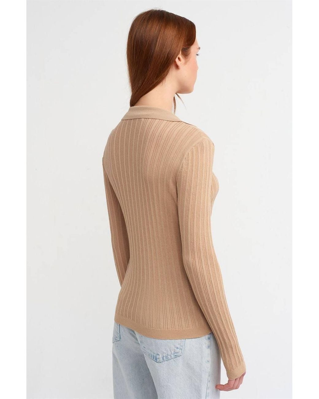 Dilvin Blue Slim-Fit Ribbed Knit Polo Blouse