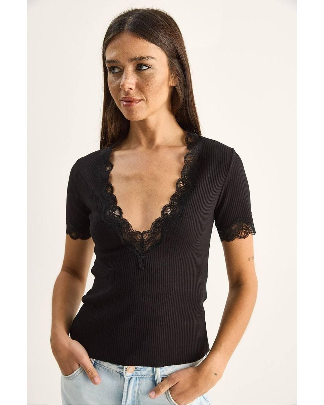 Bianco Lucci Black Ribbed Lace V-Neck Slim Fit Blouse