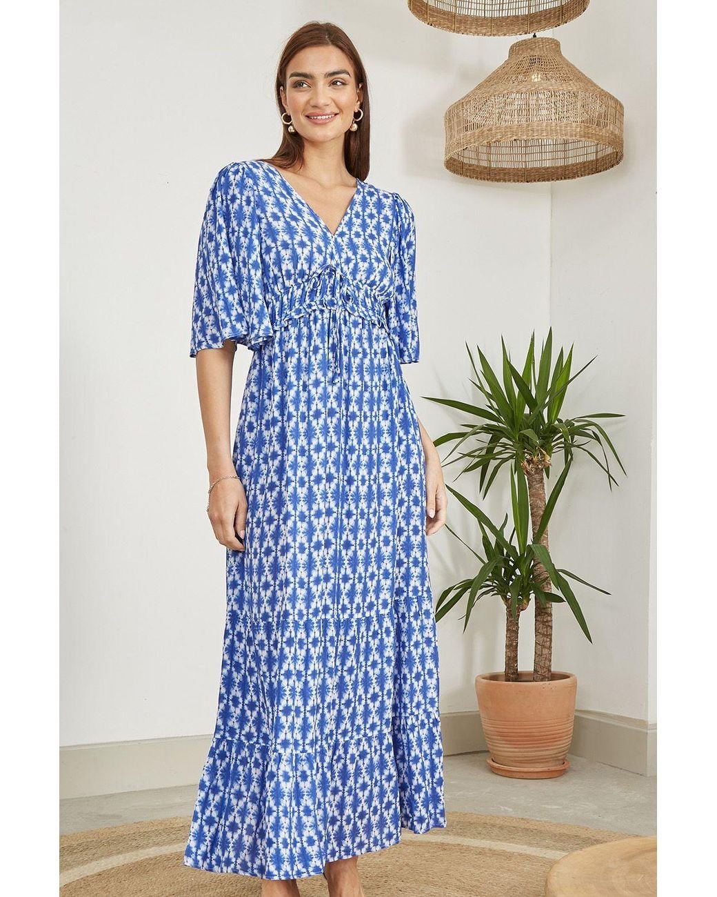 Yumi' Blue Aztec Print Maxi Dress With Cross Over Back