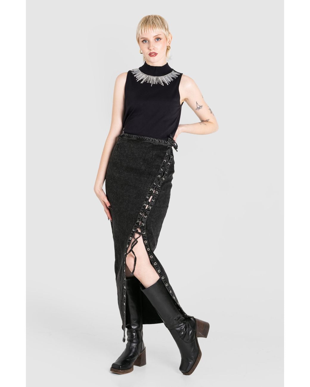 Enorsia Black Sequin High Neck Sleeveless Top