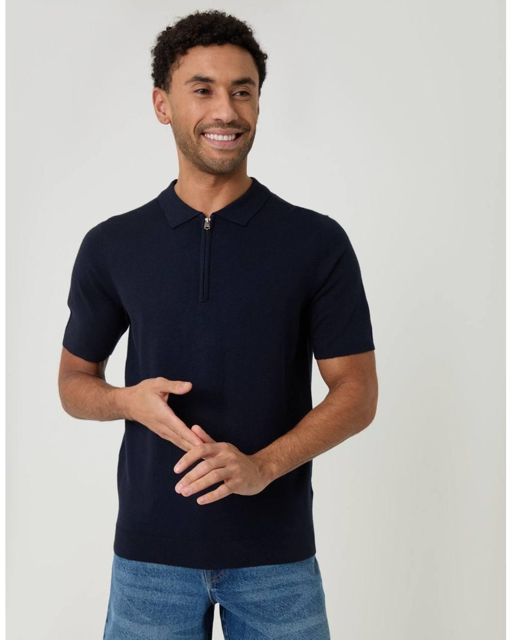 Threadbare Blue Quarter Zip Knitted Polo for men
