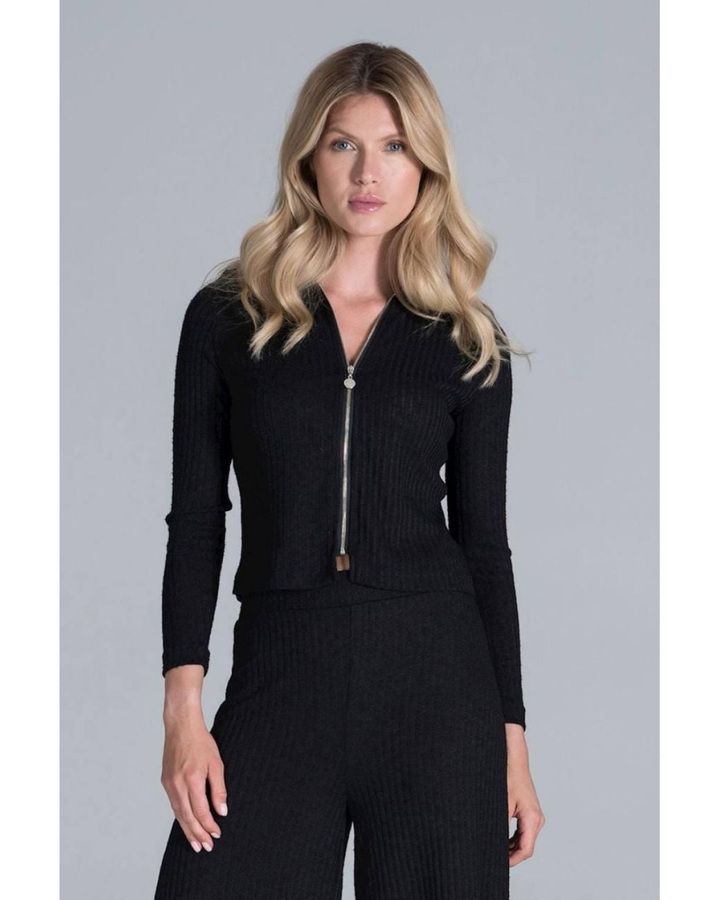 Love Lace Black Collared Zip Front Ribbed Knit Short Blouse