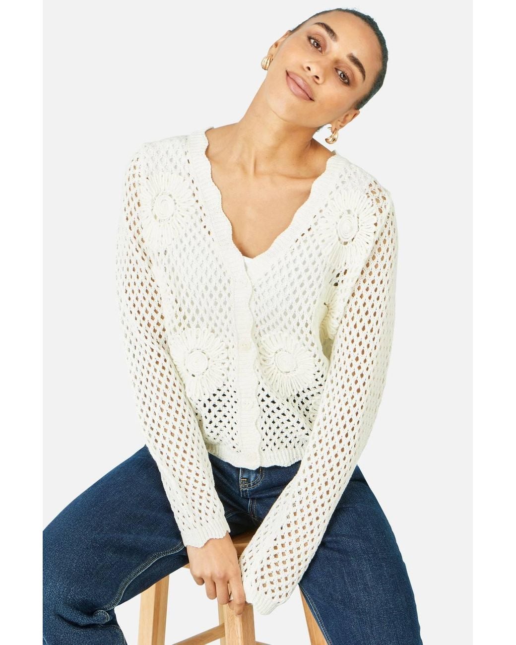 Yumi' White Flower Crochet Cardigan