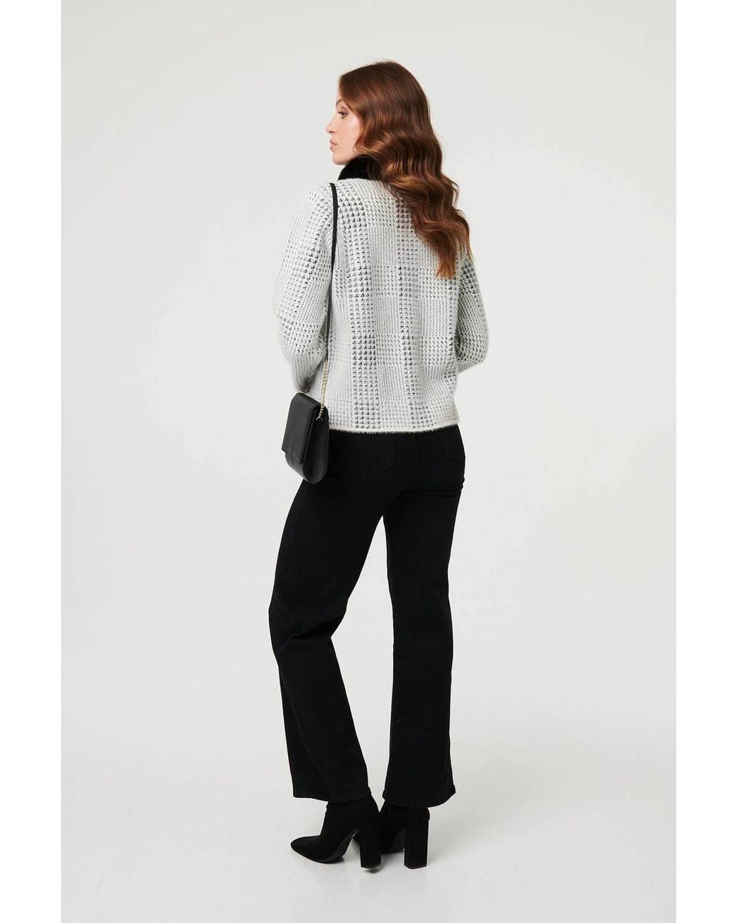 Izabel London Gray Checked Faux Fur Long Sleeve Jacket