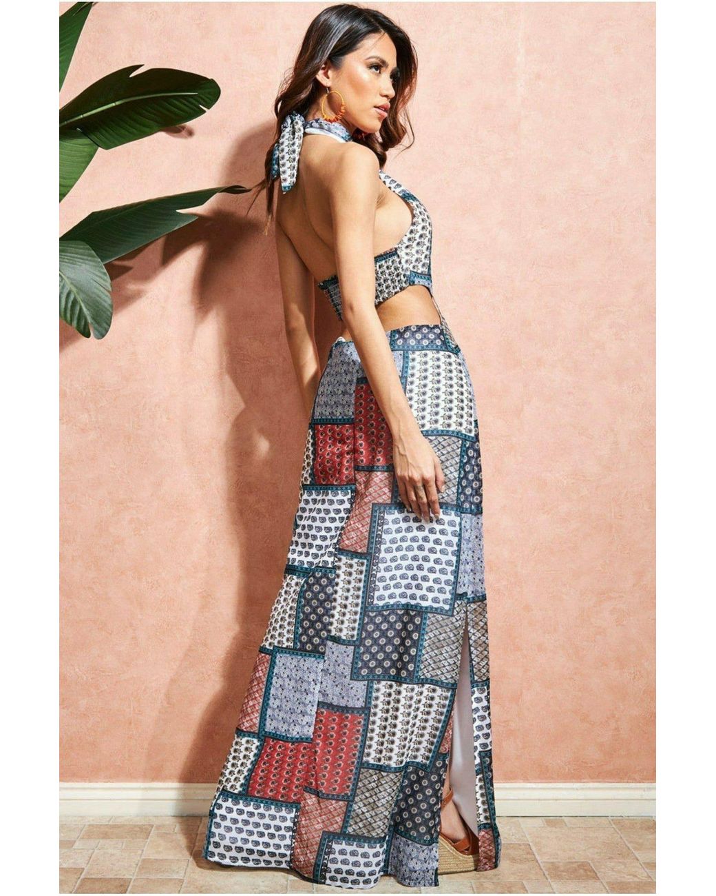 Goddiva Blue Halter Neck Printed Maxi Dress