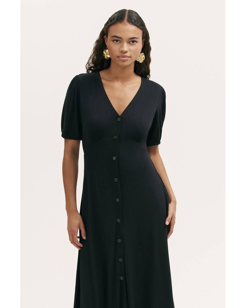 Finery London Black Milena Button Front Midi Dress