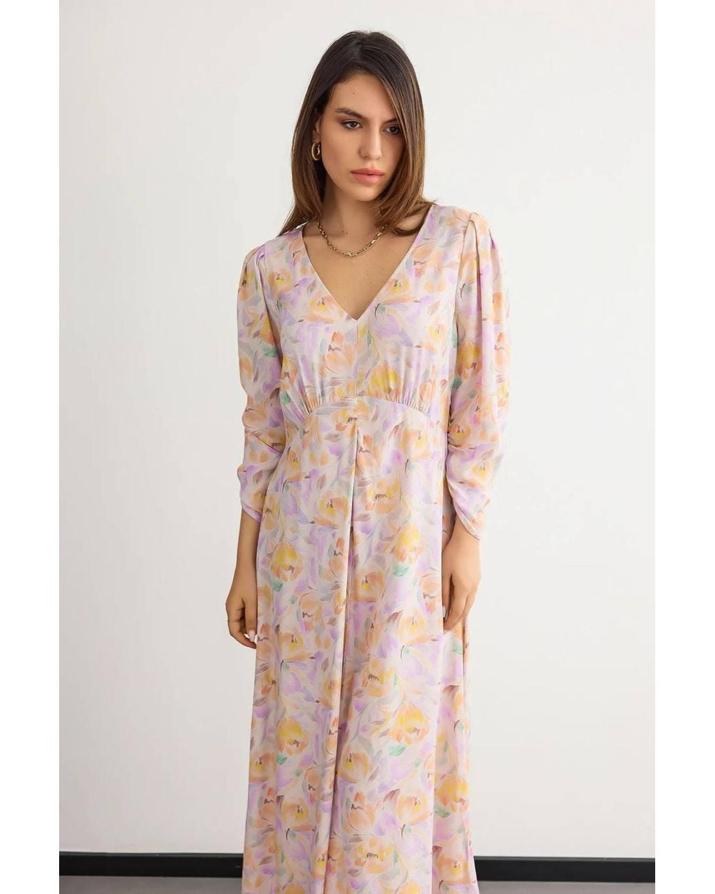 Hiccup Metallic Printed Maxi Dress With V-Neck & Ruched Back