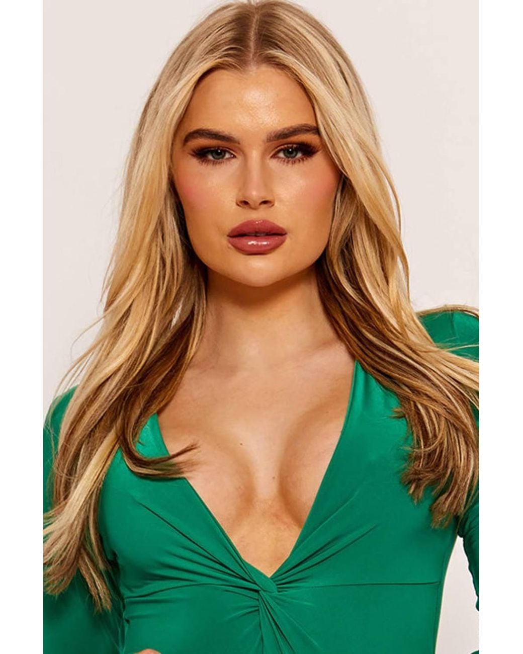 Stylewise Green Twist Front Slinky Plunge Neck Long Sleeve Bodysuit