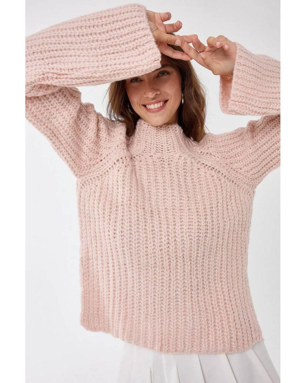 Hiccup Natural Oversized Textured Knit Sweater With Half Turtleneck