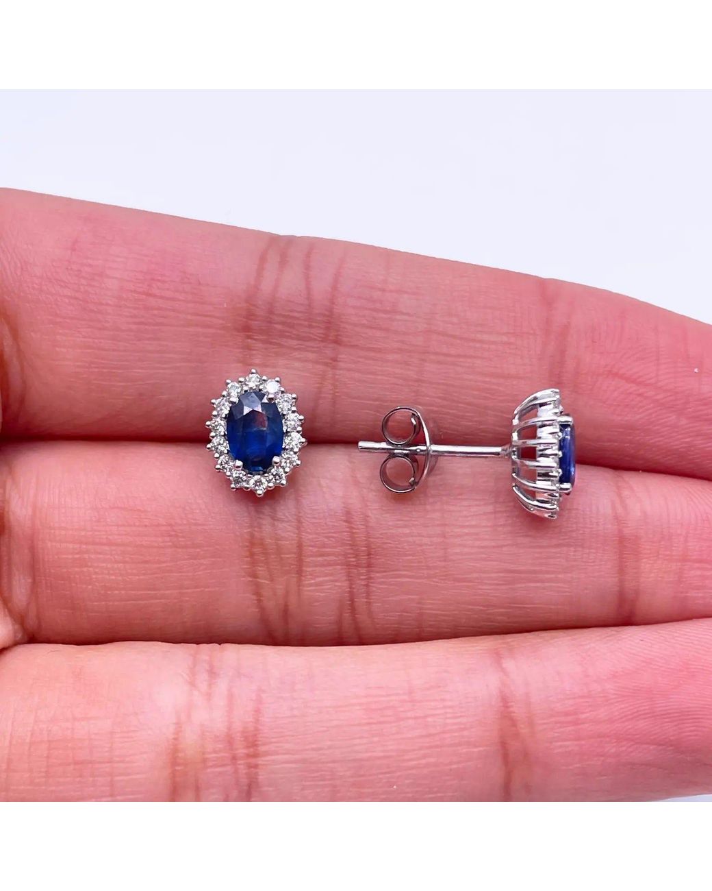 Raina Jewels Blue 18Ct Natural Sapphire & Diamond Oval Cluster Earrings 1.30Ct