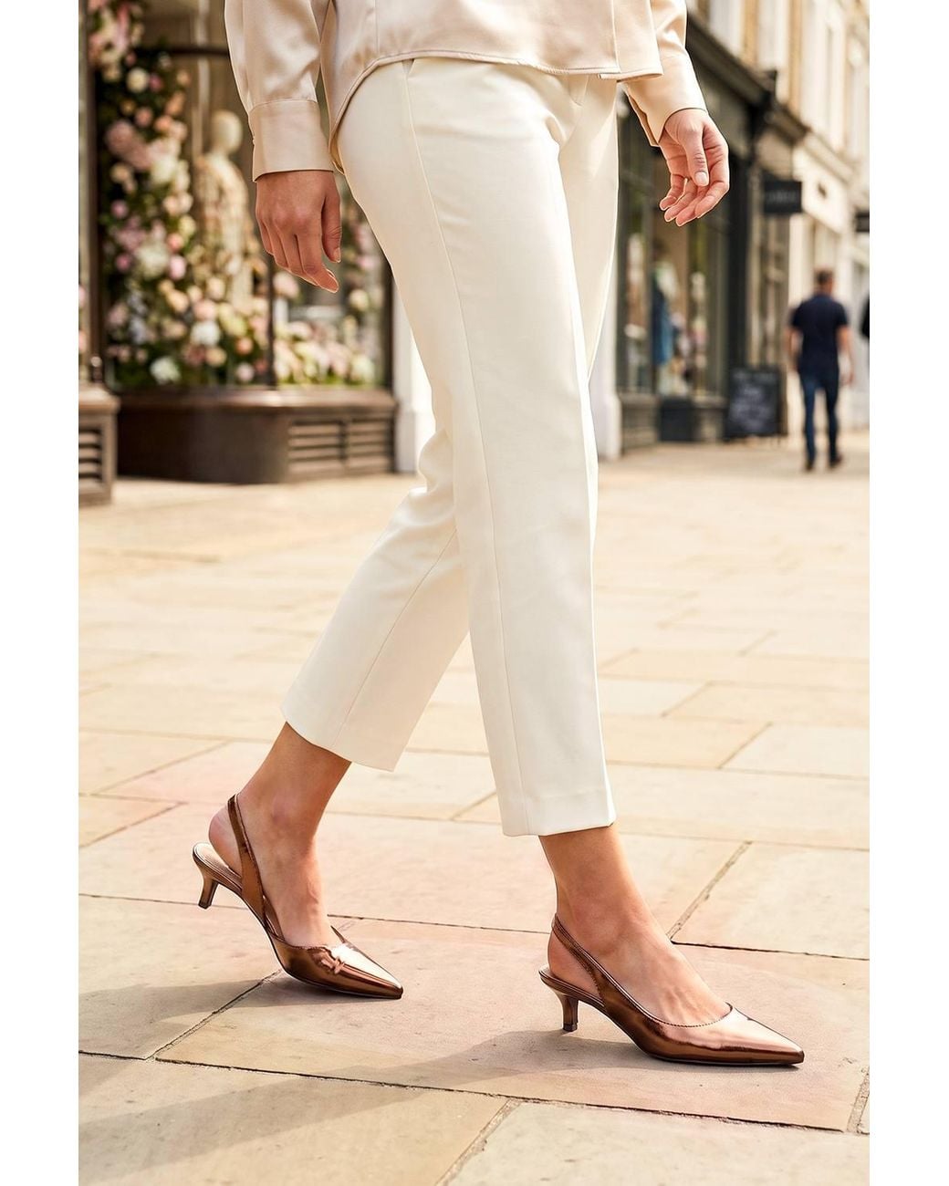 Spot on Natural Pointed Toe Slingback Kitten Heel Court Shoe
