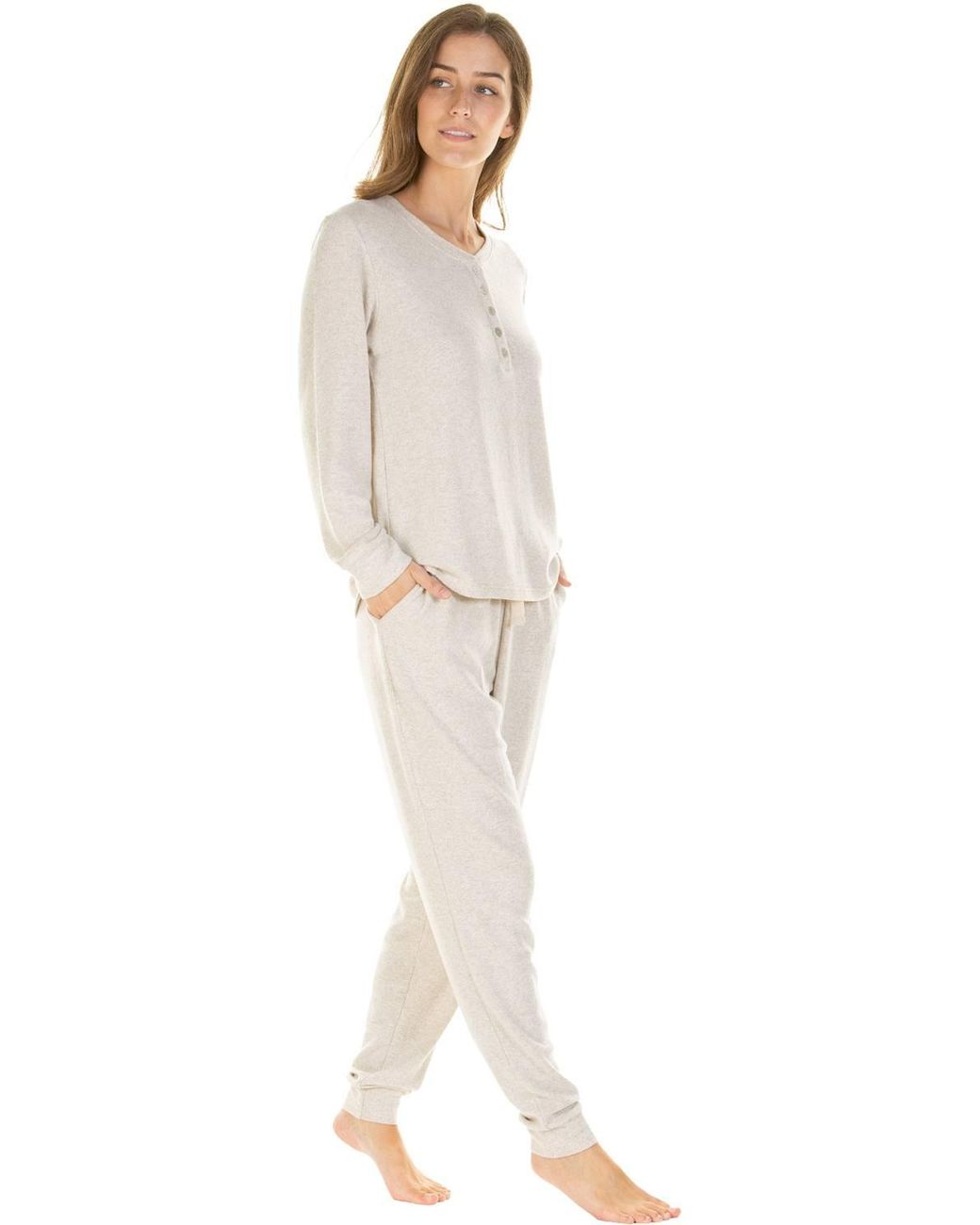Wisteria Lane Natural Cloudknit Soft Stretch Long Sleeve Pyjama Set With Pockets