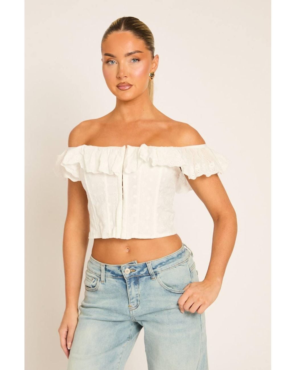 Rebellious Fashion White Bardot Frill Broderie Corset Top