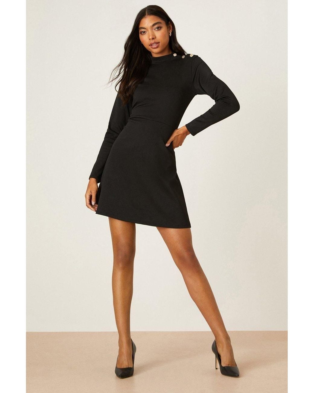 Dorothy Perkins Black Ponte High Neck Button Mini Dress