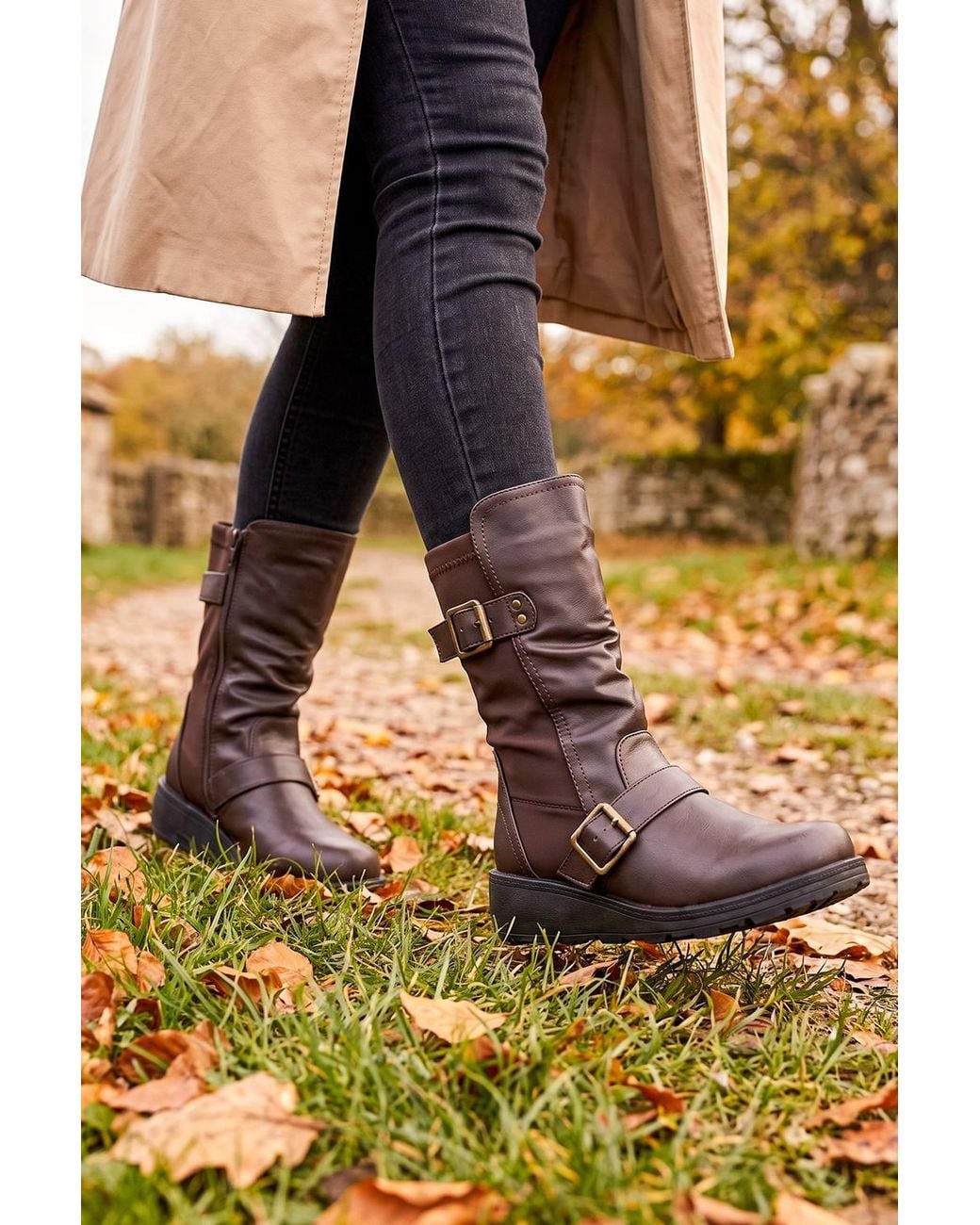 Spot on Yellow Ruched Double Buckle Mid-Calf Everyday Boots