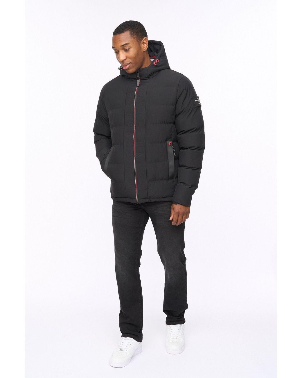 Crosshatch Black Kampnew Hooded Quilted Puffer Jacket With Embossed Detail for men