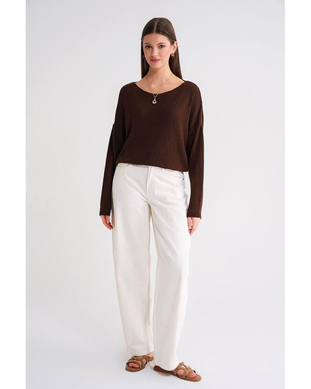 MixRay Brown Oversized Boat Neck Knit Sweater
