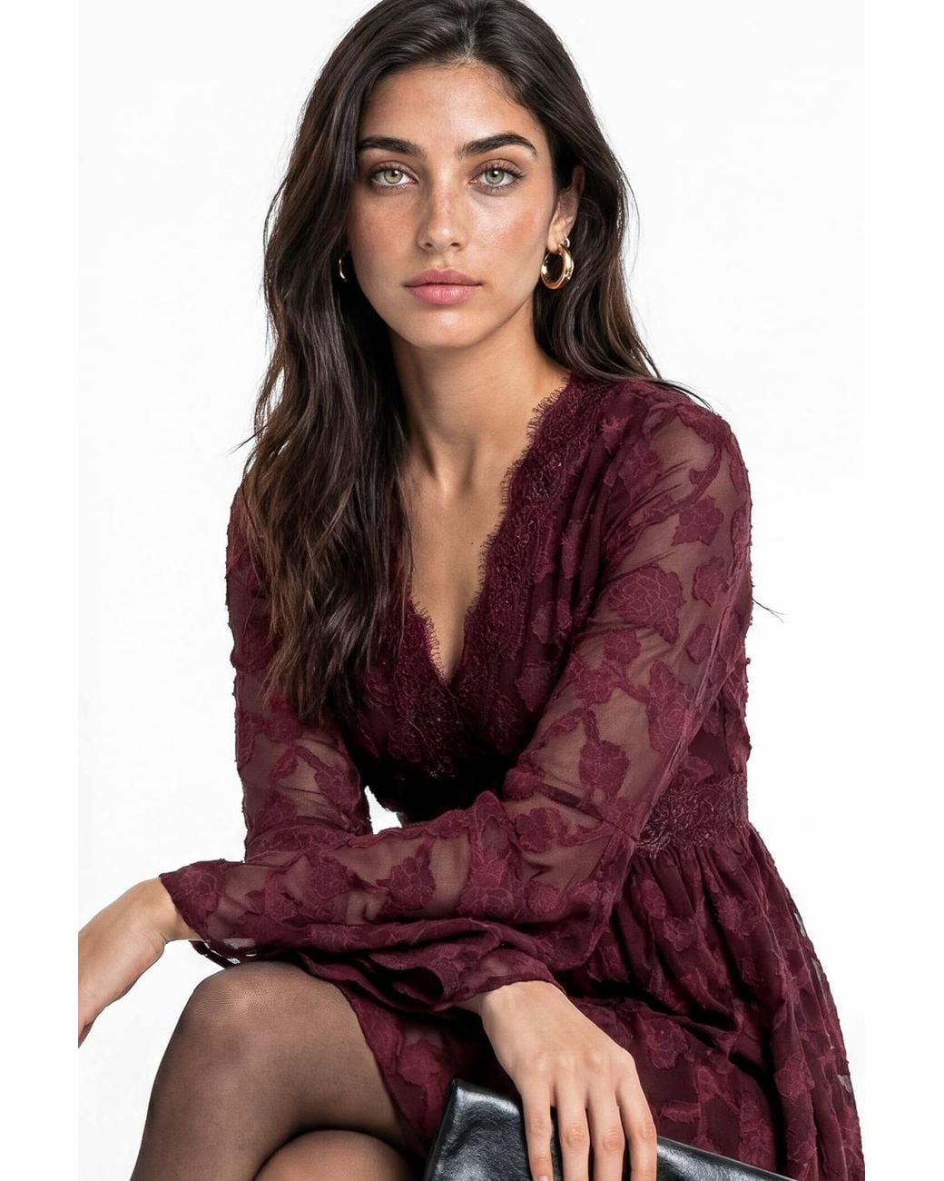 Lovedrobe Red Floral Burnout Lace Detail Long Sleeve Mini Dress