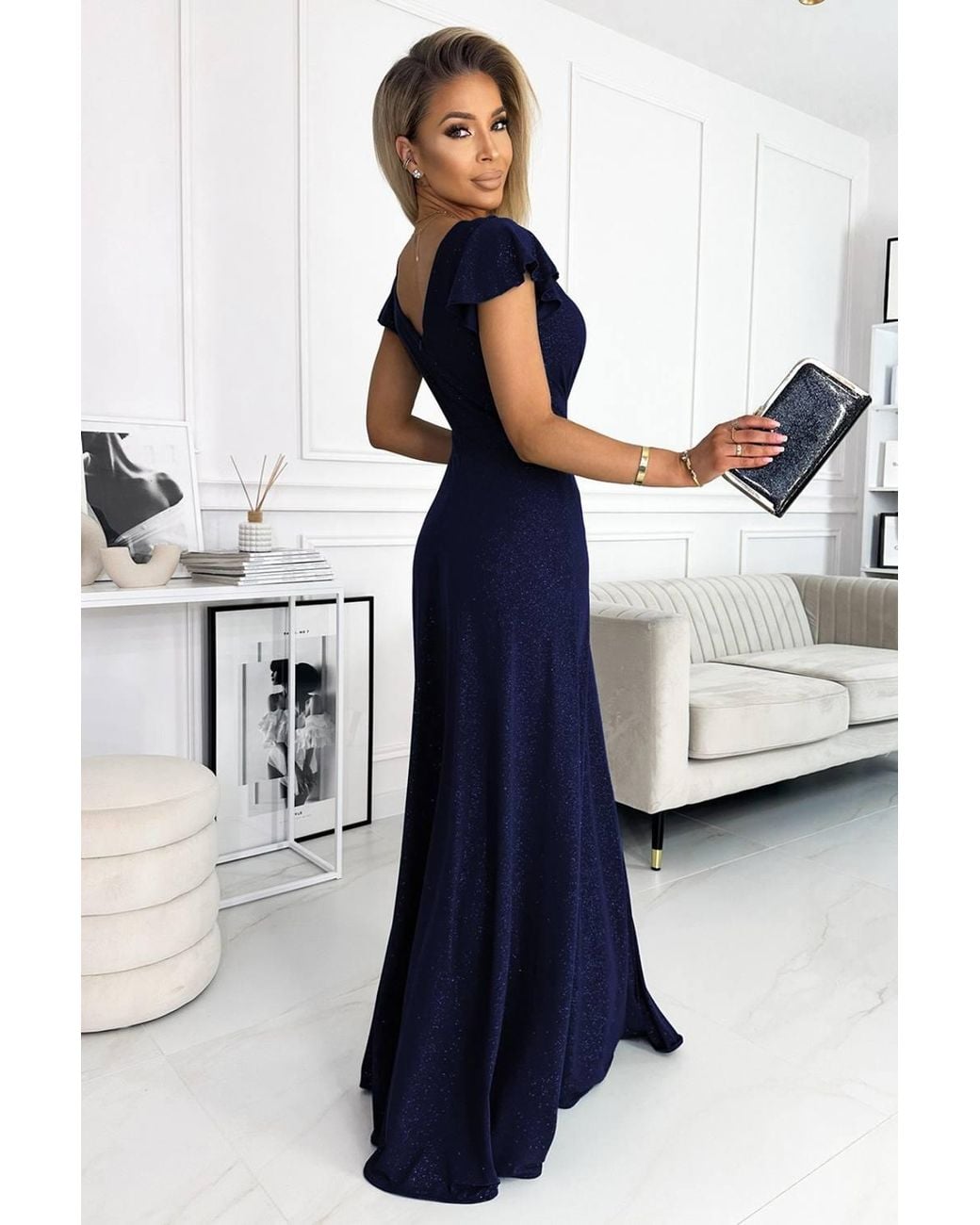 Love Lace Blue Glitter Cap Sleeve Maxi Dress With Zip