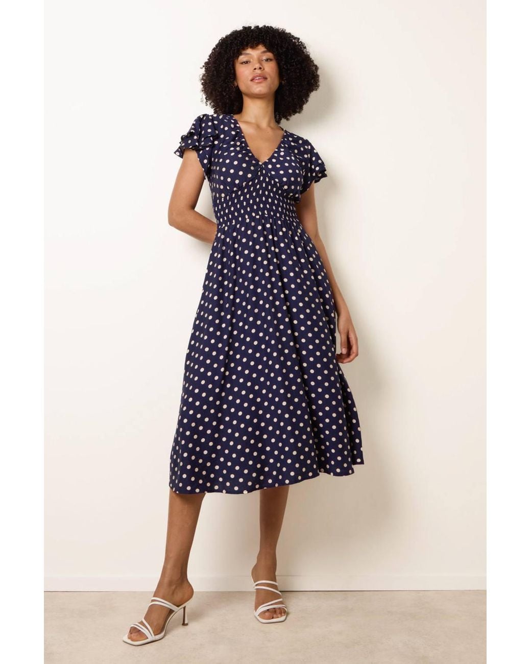 Blue Vanilla Blue Shirred Waist Short Sleeve V-Neck Midi Dress