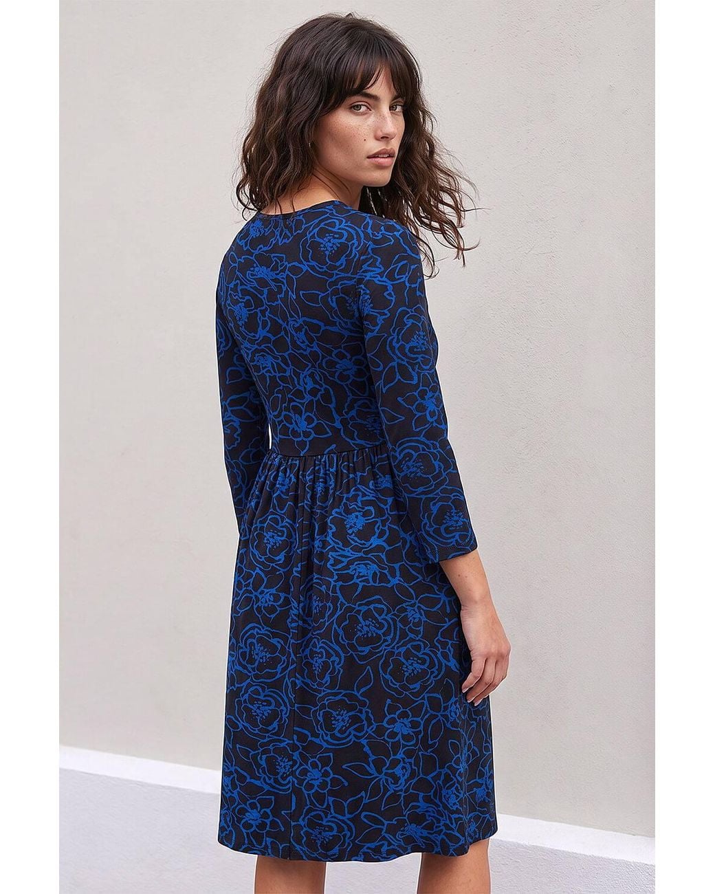 Roman Blue Floral Side Ruched Dress